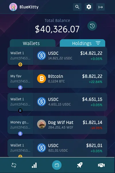 A portfolio dashbaord showing the holdings of multiplecoins across multiple wallets.