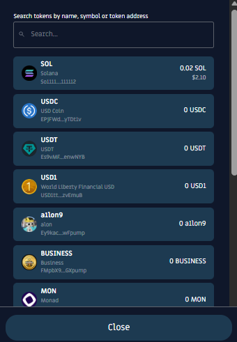 Showing the interface for the simple trading mode / swap, where you can see and choose form the trending token list or search for a token.